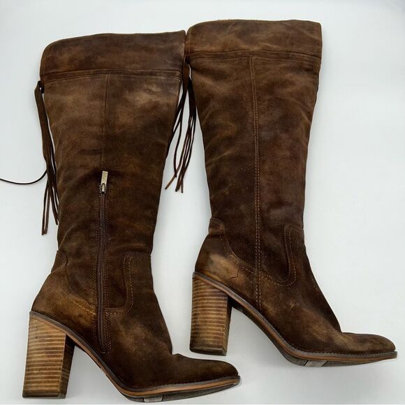 Franco Sarto Elnora Brown Suede Over the Knee Block Heeled Boots w/Tassel - Picture 7 of 13